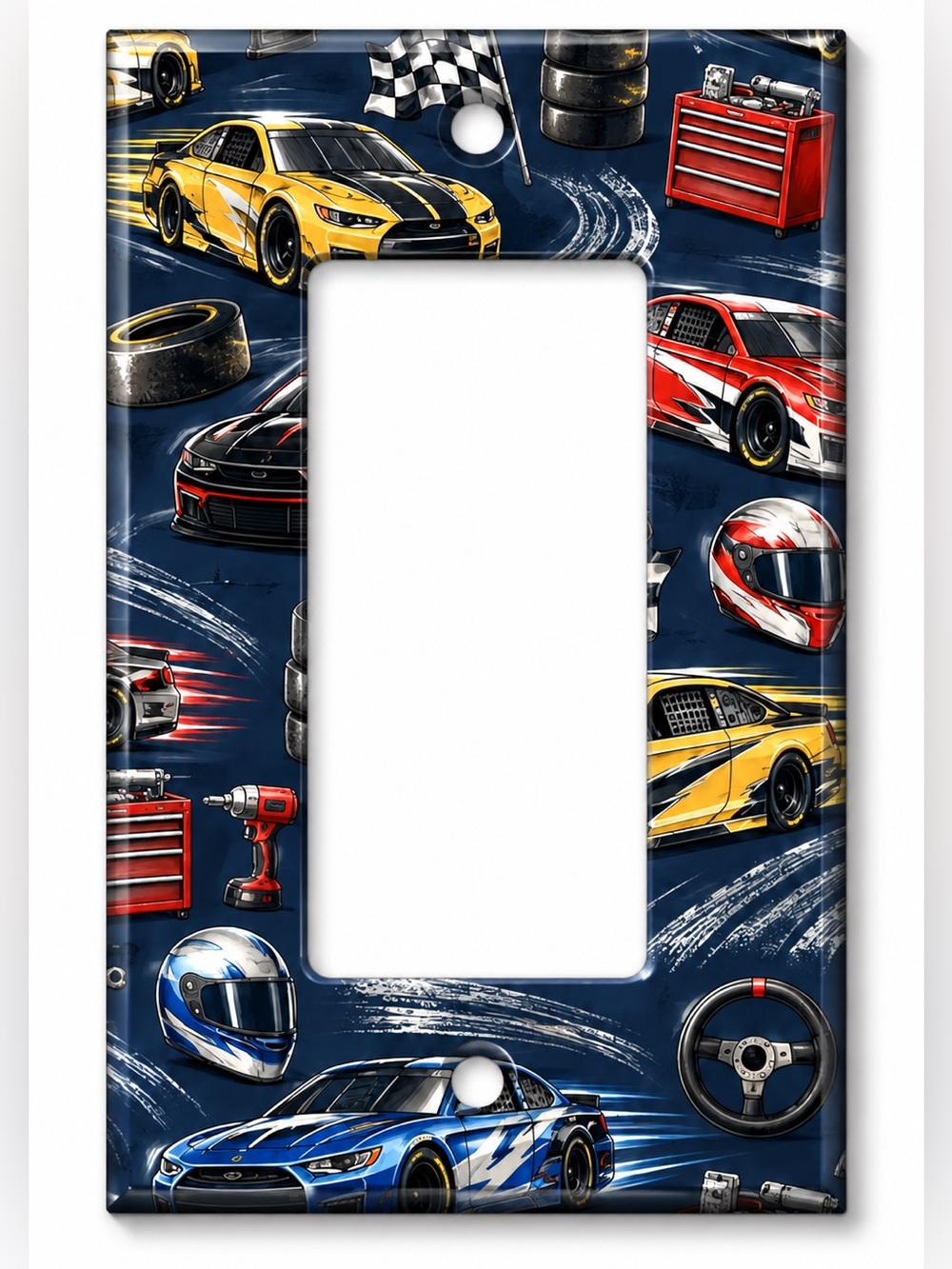 Race Car Rocker GFCI Wall Plate Boys Kids Room Racing Checkered Flag Decor